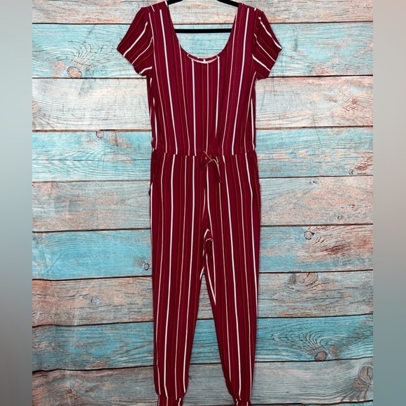 Short Sleeve Jumpsuit M Joggers Tie Waist Striped Dark Pink Stretchy Ankle - Picture 1 of 11